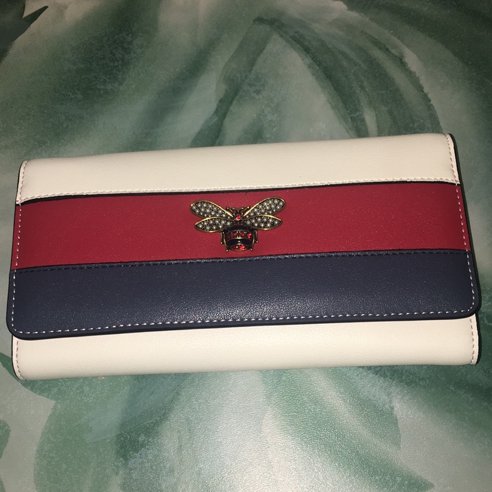 White red and blue butterfly stone long wallet