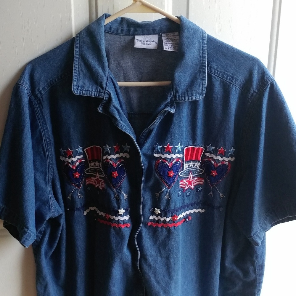 Patriotic denim button down top