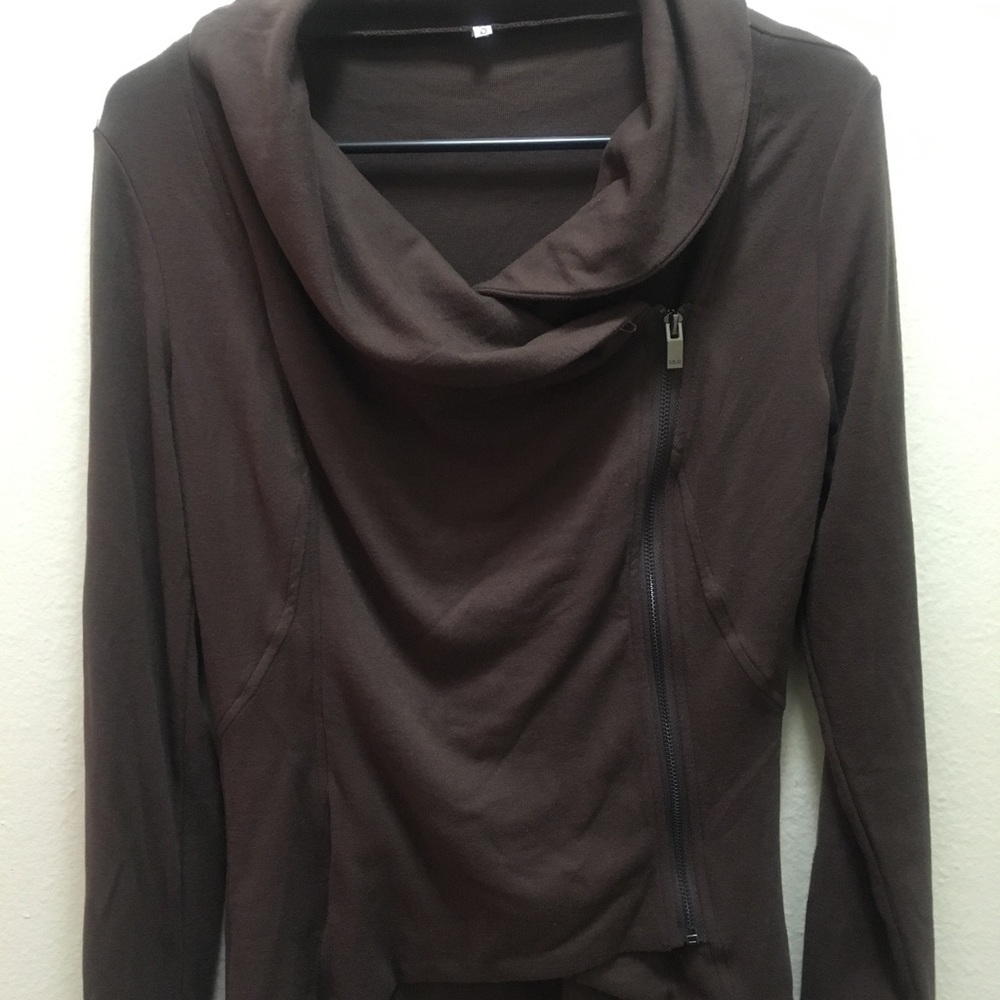 Dark Brown Cowl Zip Up Sweater