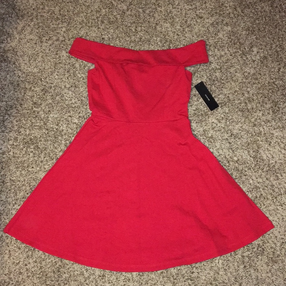 Red off-the-shoulder skater dress