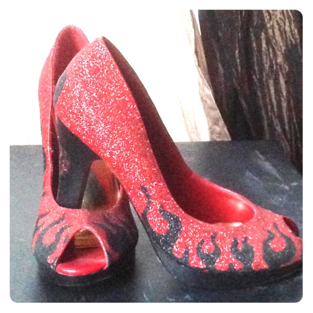 Glitter flame open toe heels