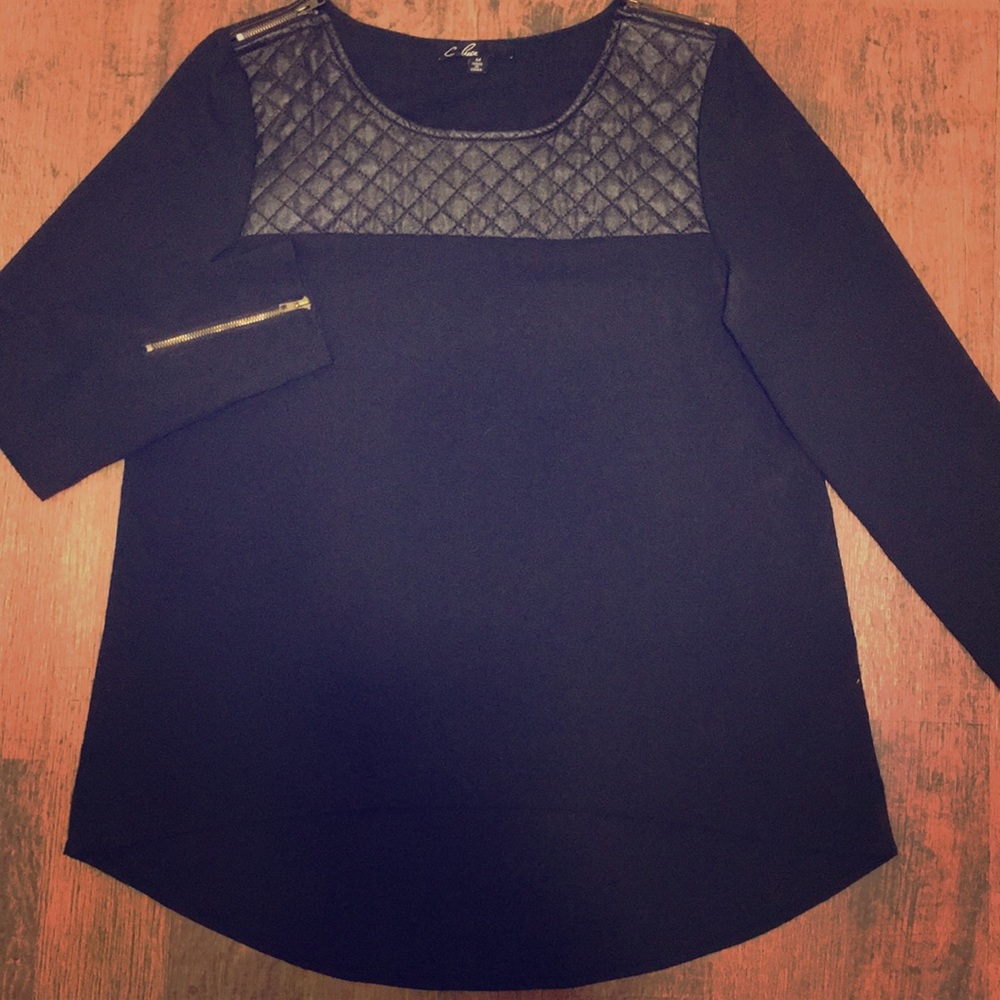 C. Luce Hi-Lo Blouse with Faux Leather Trim