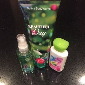 A set of beautiful day lotions and a perfume.