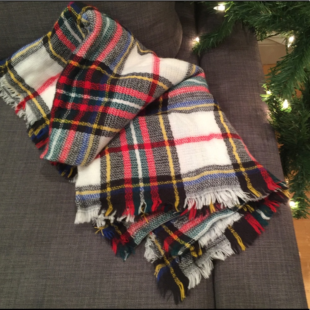 Flannel plaid fringe blanket scarf