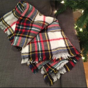 Flannel plaid fringe blanket scarf