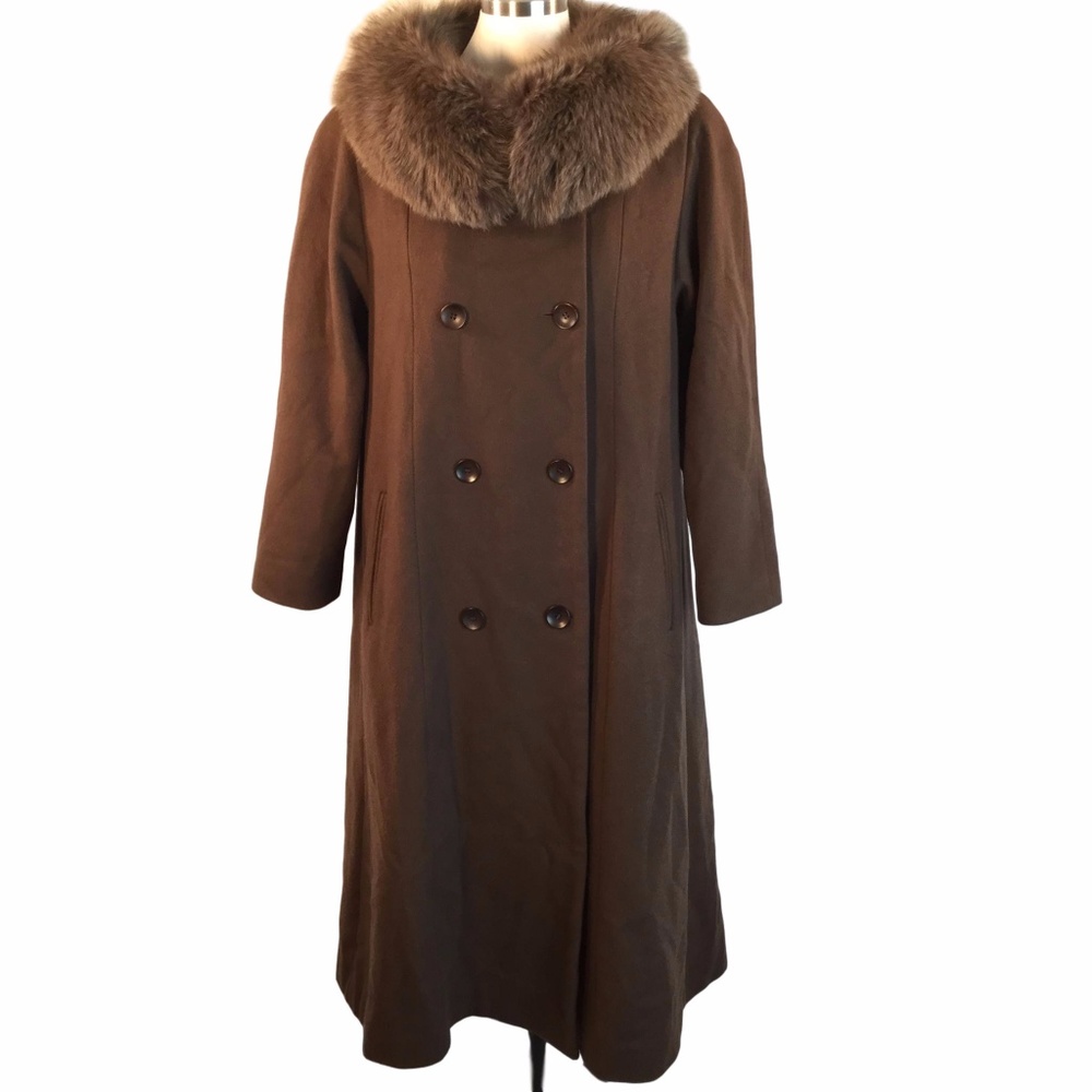 Vtg Fox Fur Collar Brown Double Breasted Coat XL