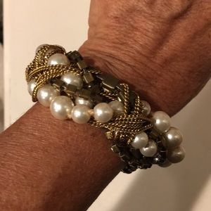 J Crew Pearl, Gold Chain and Rhinestone Bracelet