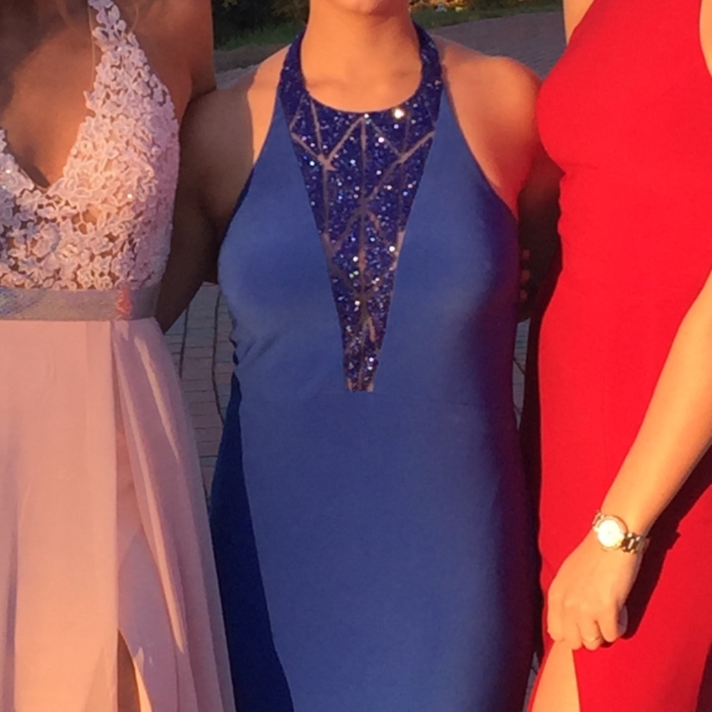 Royal Blue Halter Beaded Bling Sheer Back Gown