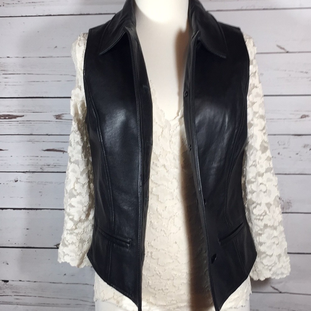 Ann Taylor black leather fitted lined vest size sm