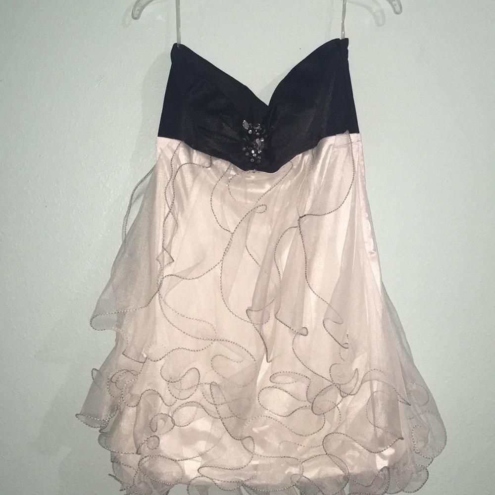 Strapless mini prom dress.