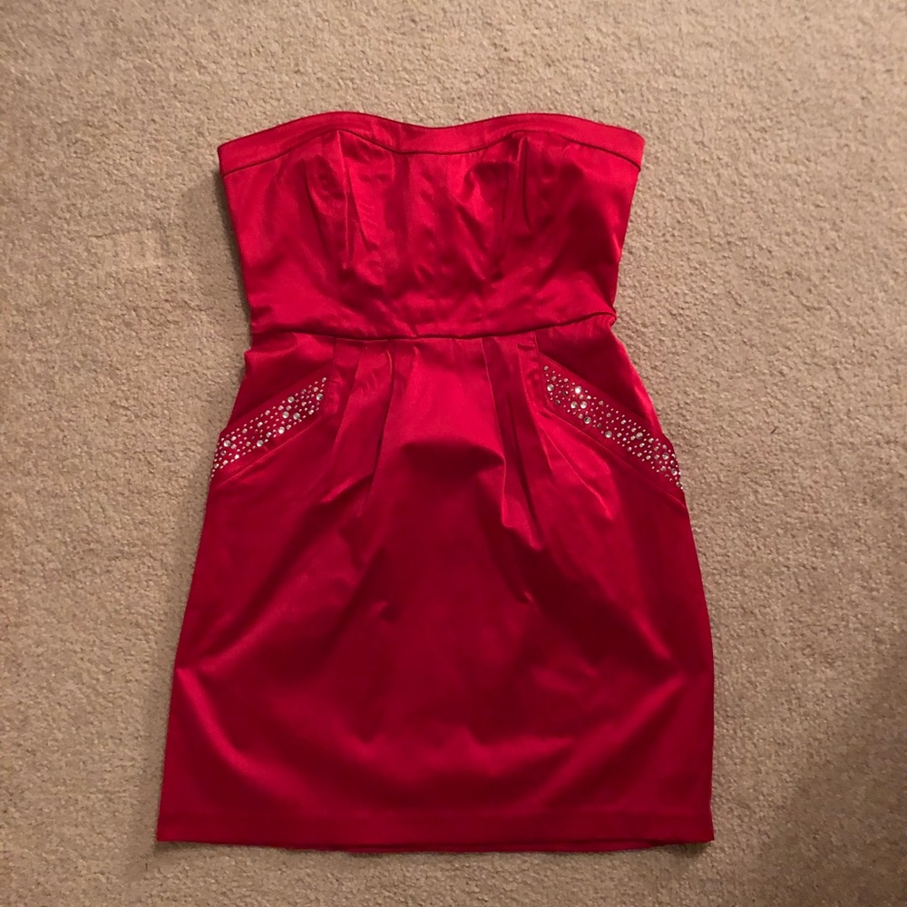 Red Satin Strapless Mini Dress