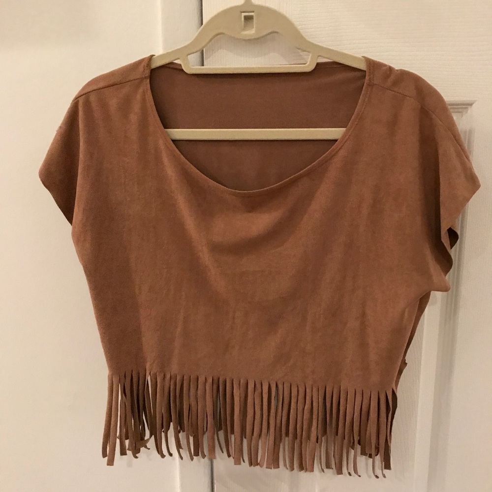 Tan faux suede fringe top