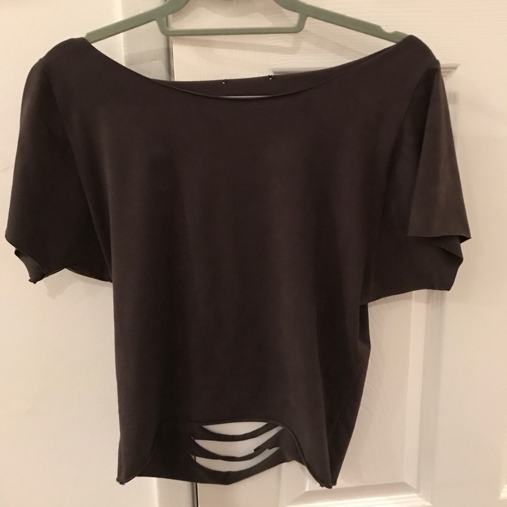 Faux suede grey top with shredded back