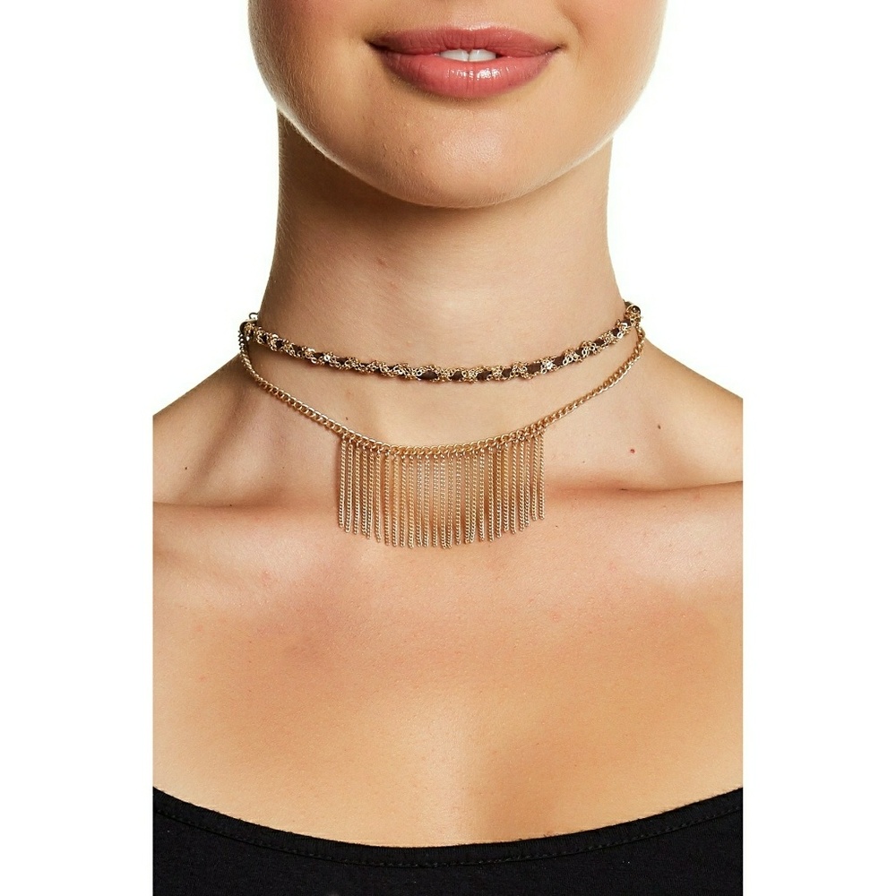 Braided Suede Choker Fringe Chain Brown Gold - Picture 2 of 3