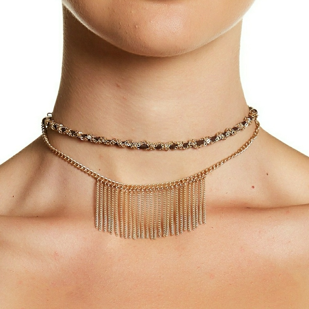 Braided Suede Choker Fringe Chain Brown Gold