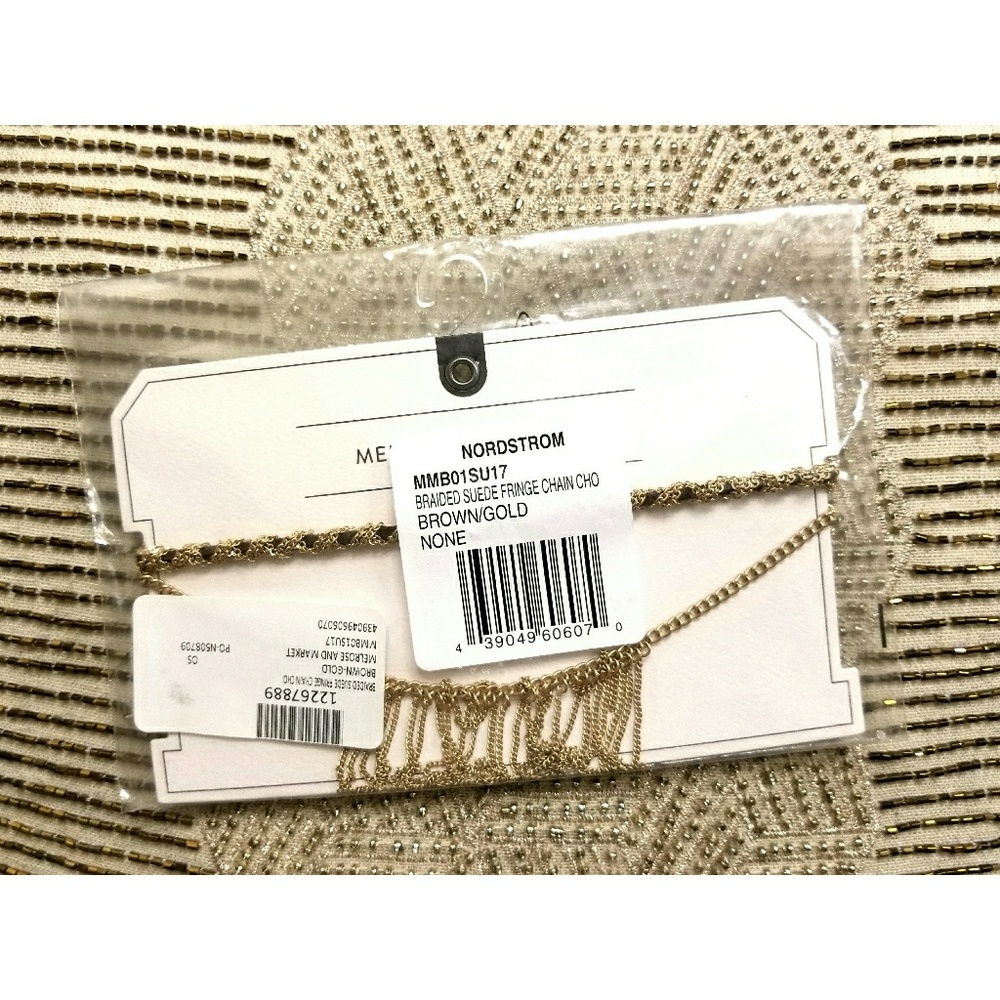 Braided Suede Choker Fringe Chain Brown Gold - Picture 3 of 3