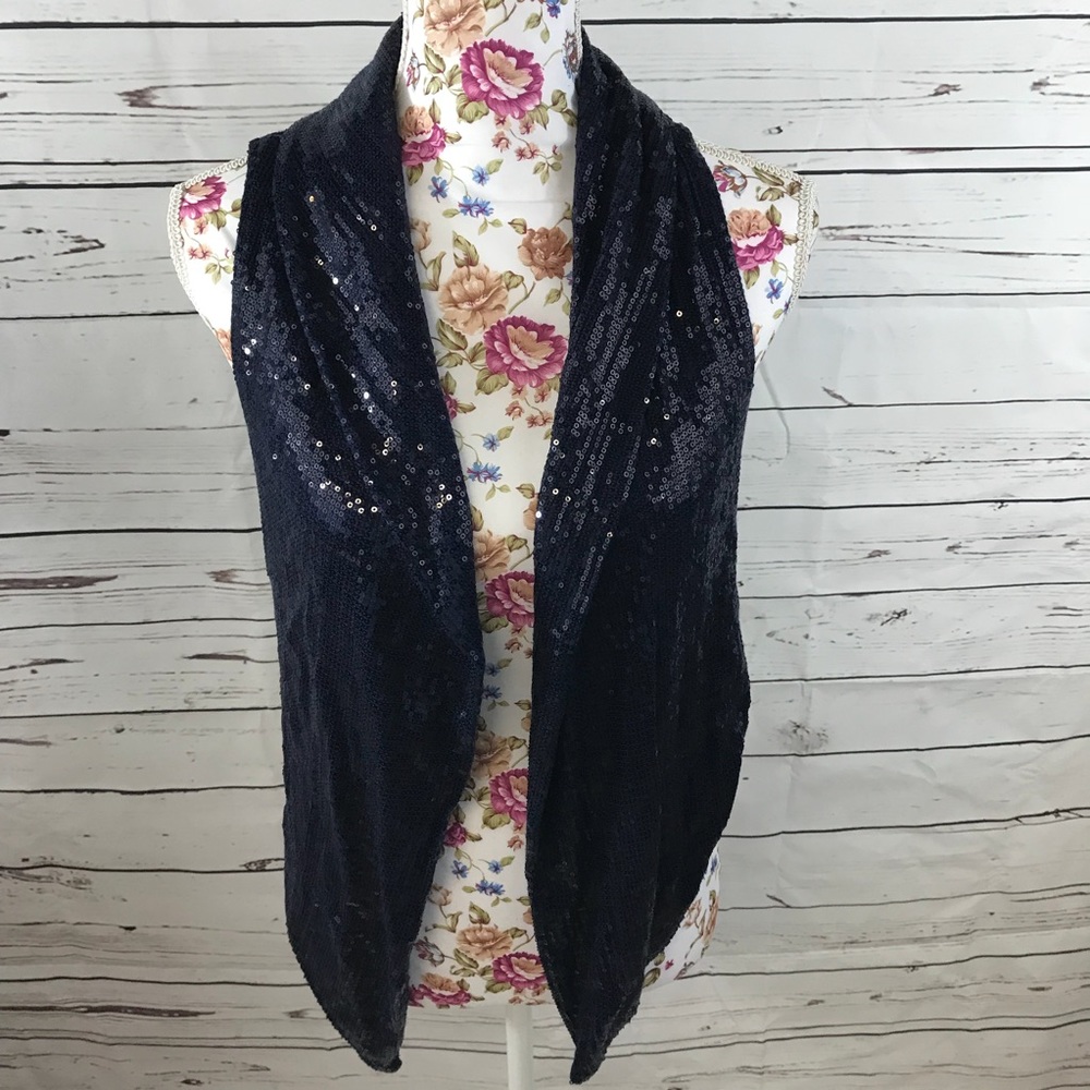 H&M blue sequin open front vest