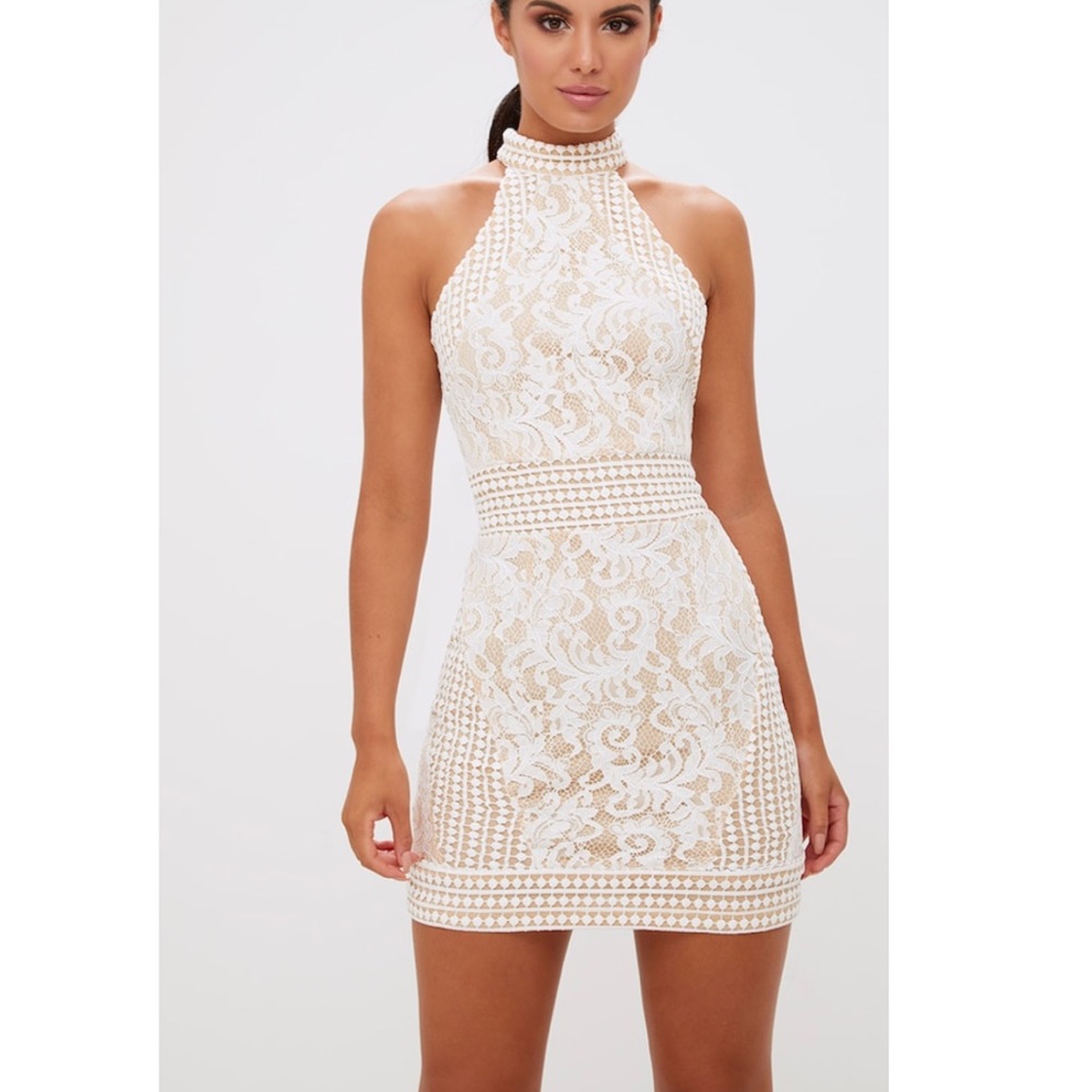White High Neck Lace Crochet Bodycon Dress