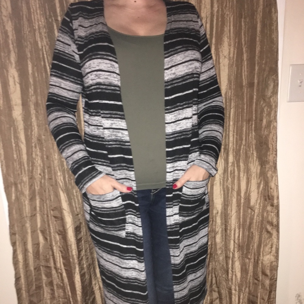 Black and Gray Calf Length Cardigan Sweater