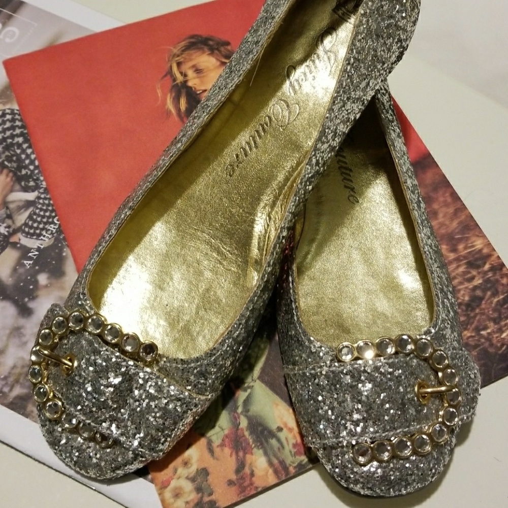 Juicy Couture glittery silver ballet flats.
