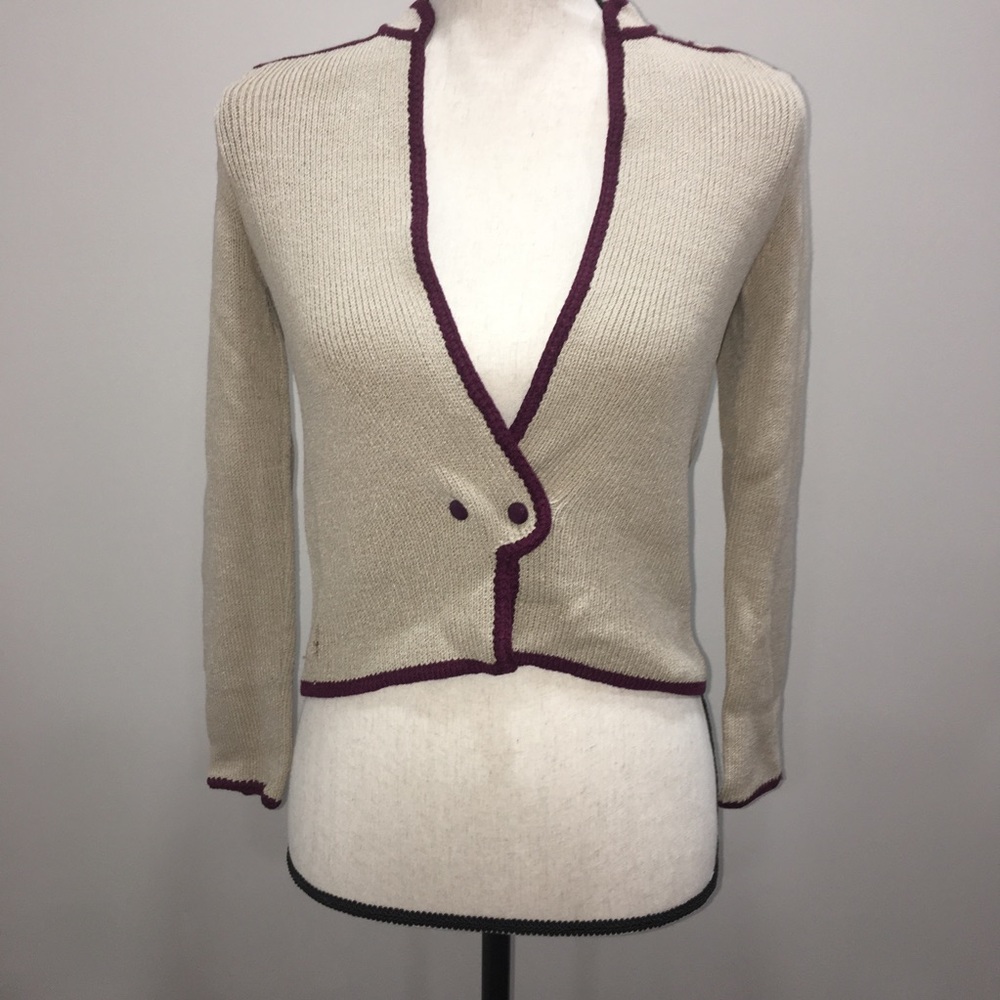St. John Vintage Beige & Burgundy Cardigan Sweater