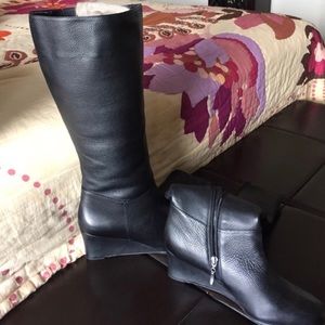 Wide calf wedge leather boots
