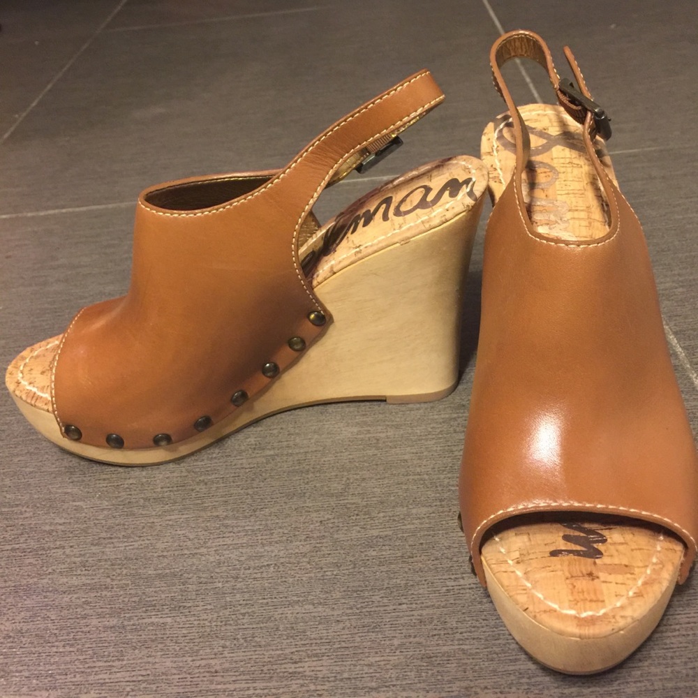 Sam Edelman wedge tan and wood with cork sole.