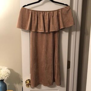 Brown suede off the shoulder minidress