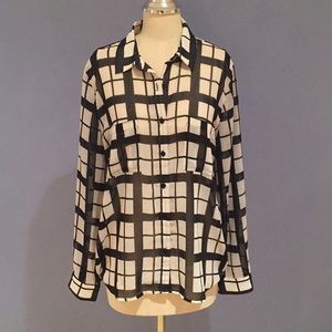 Forever 21 White Black Plaid Check Button Down Shirt Blouse Size L