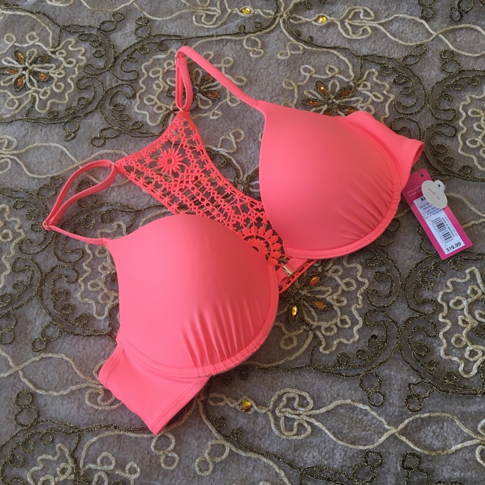 Xhiliration Coral Crocheted Halter Bikini Top