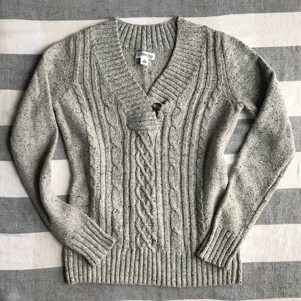 Gray Marled Cable Knit Shawl Collar Sweater