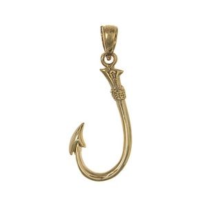 14k Yellow Gold Solid 3D Fishing Hook Necklace Charm Pendant 33mm x 12mm Unisex