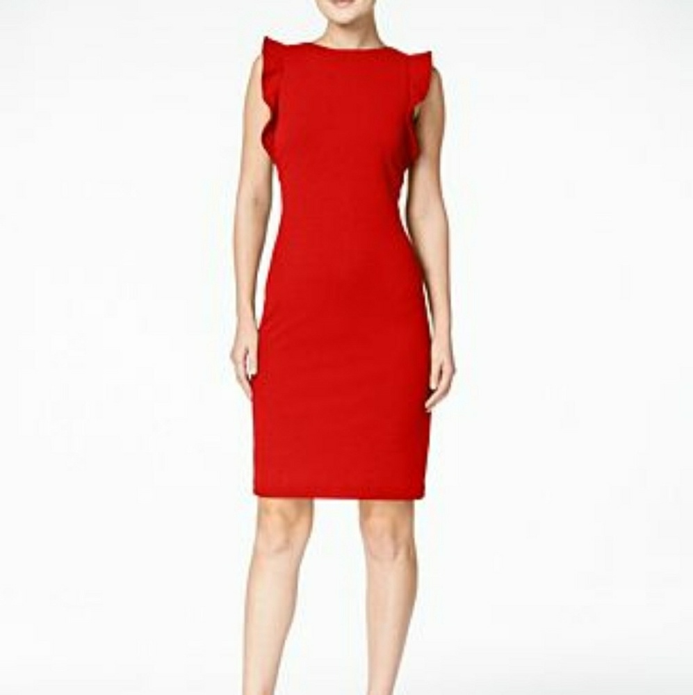Calvin klein red ruffle sleeve u-back dress
