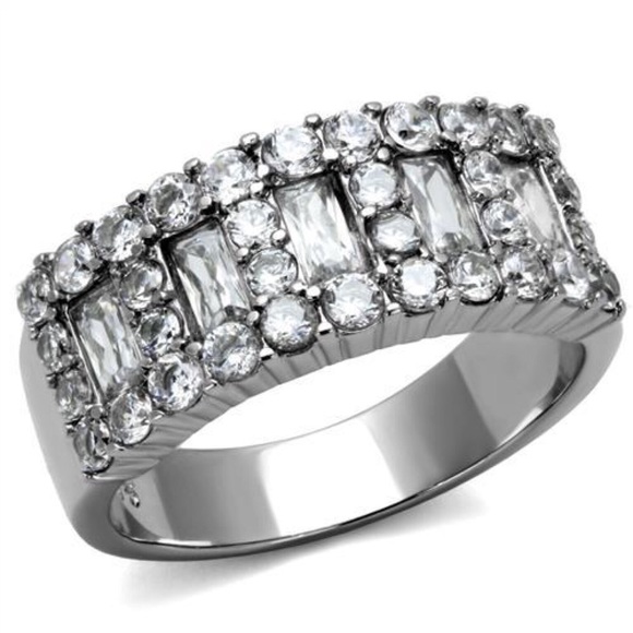 Jewelry - STAINLESS STEEL Round & Baguette. Cubic Zirconia Band Ring