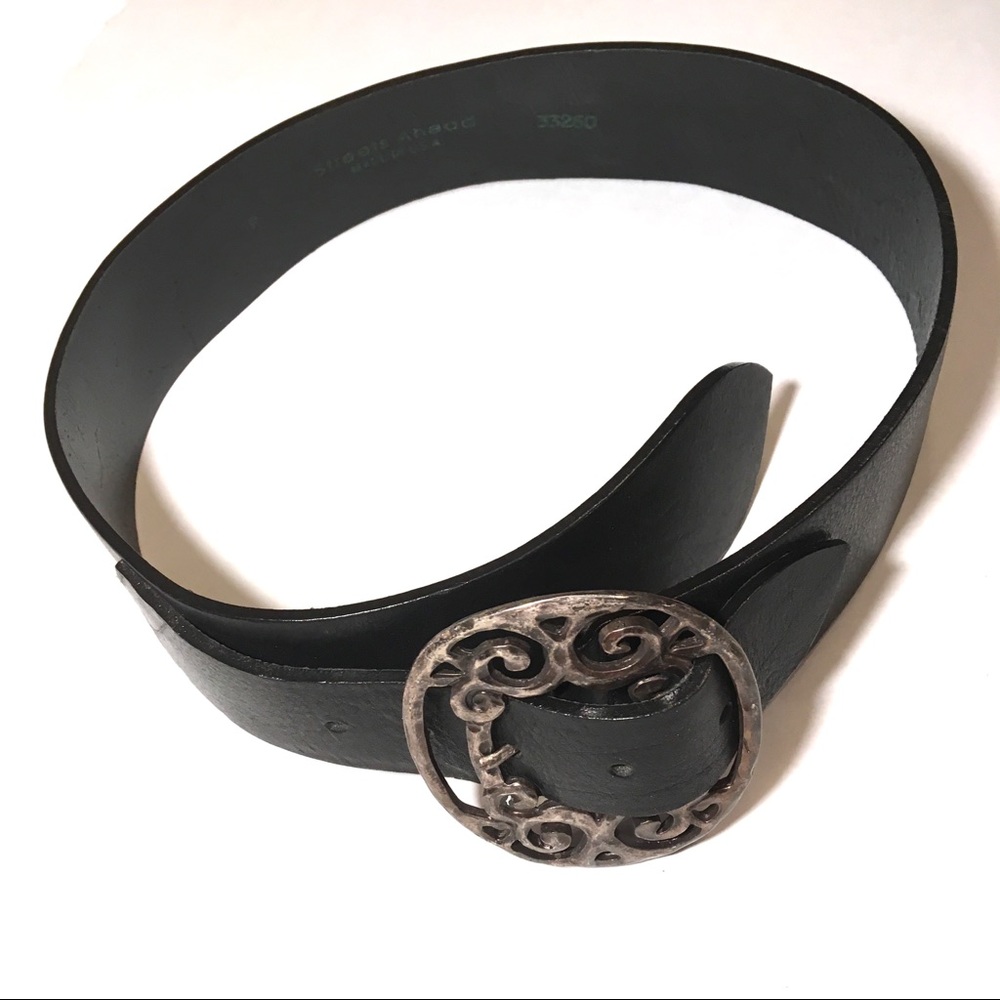 Antiqued Silver Buckle Black Belt