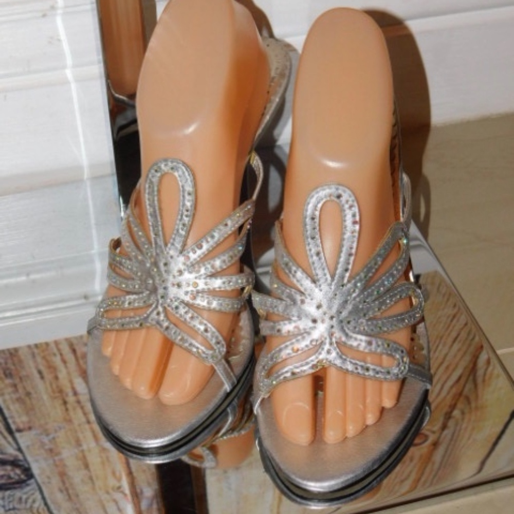 Wild Rose Embellished Silver High Heels Slides 9