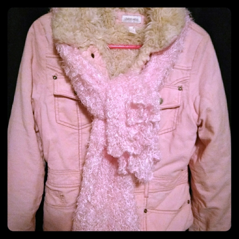 pink jacket with mathing scarf