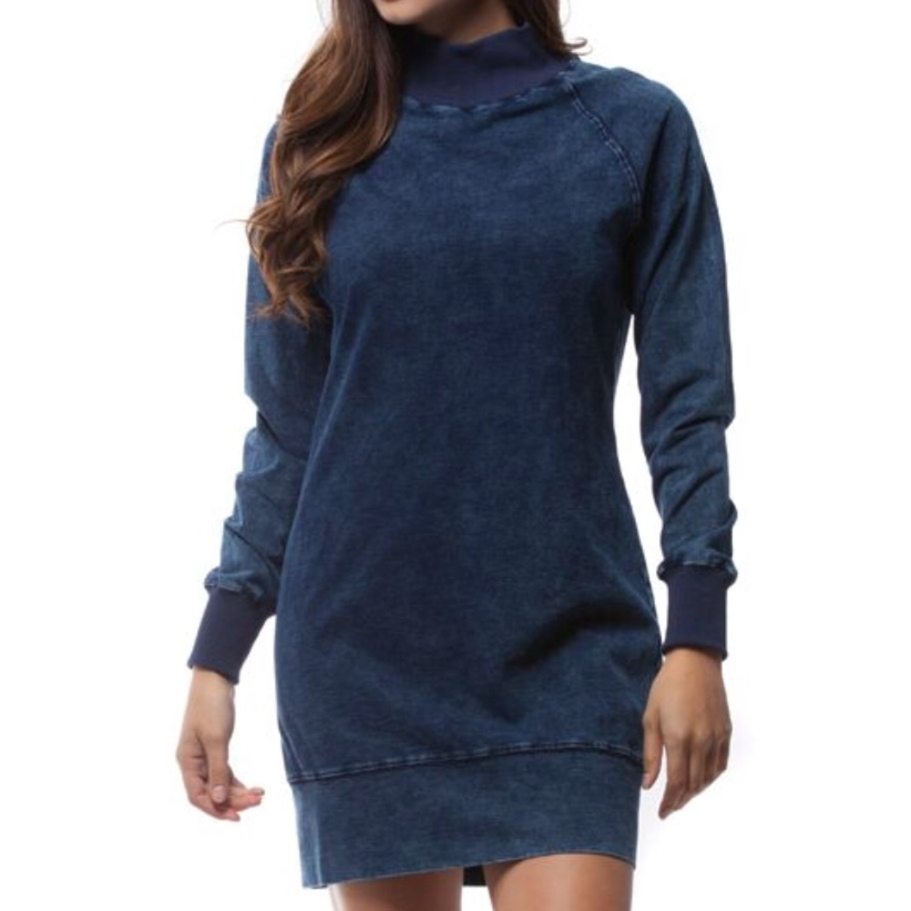 Green garment wash mock ribbed neck dress