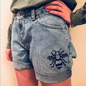 Hand-Embroidered Bee Jean Vintage Shorts