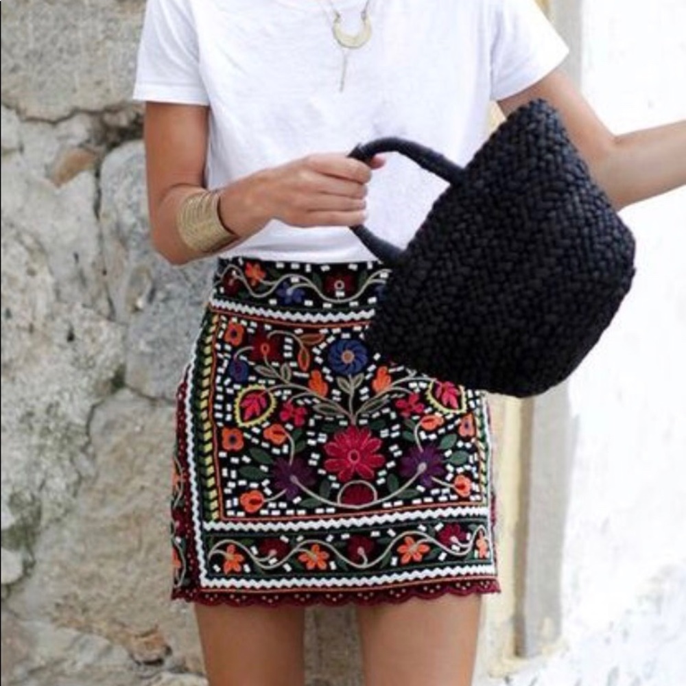 Zara Embroidered Black Floral Skirt
