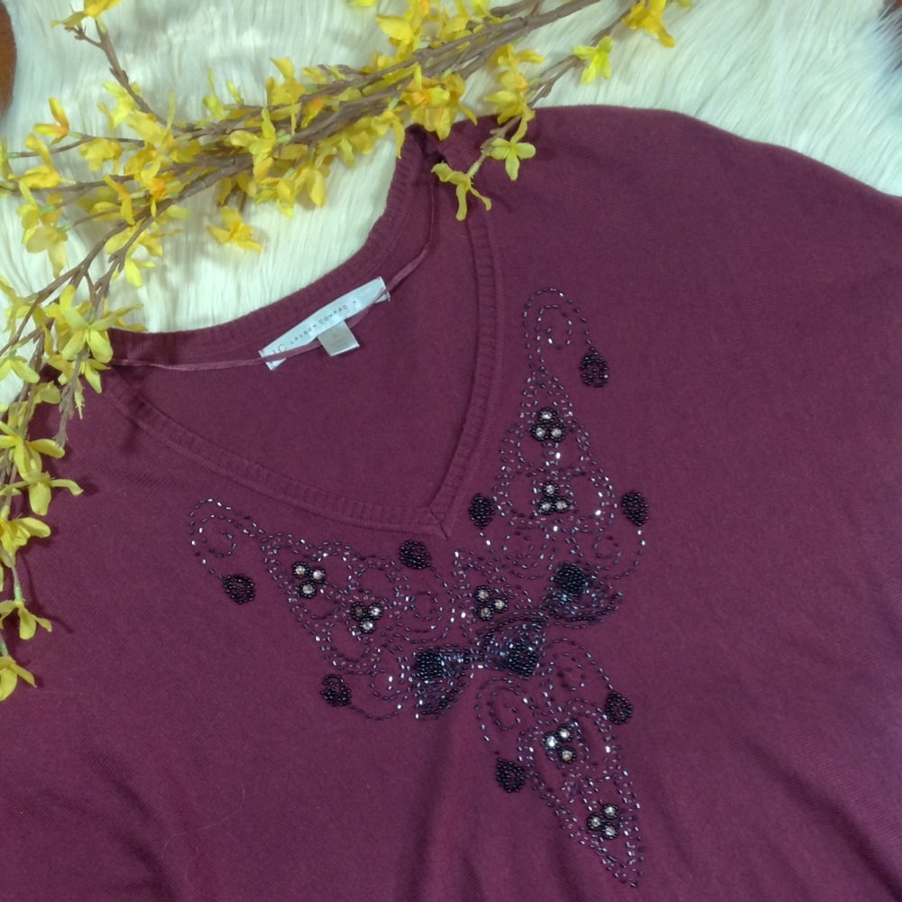 LC LAUREN CONRAD• floral beaded burgundy sweater