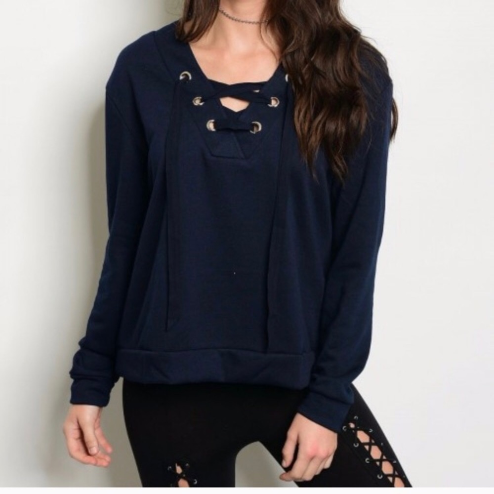 Navy Lace Up Sweatshirt Cute Get Yours