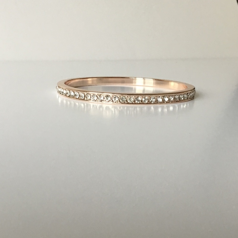 Rose Gold-tone Metal Bangle Bracelet with CZ Stone