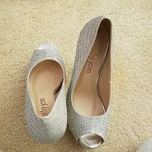Rhinestone peep toe pumps
