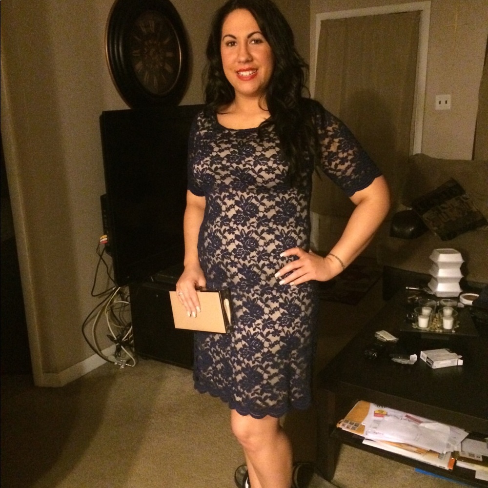 Navy & beige lace dress.