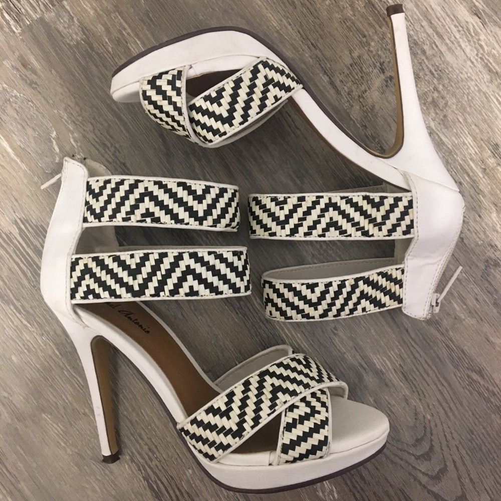 White and black open toe strapy high heel sandals