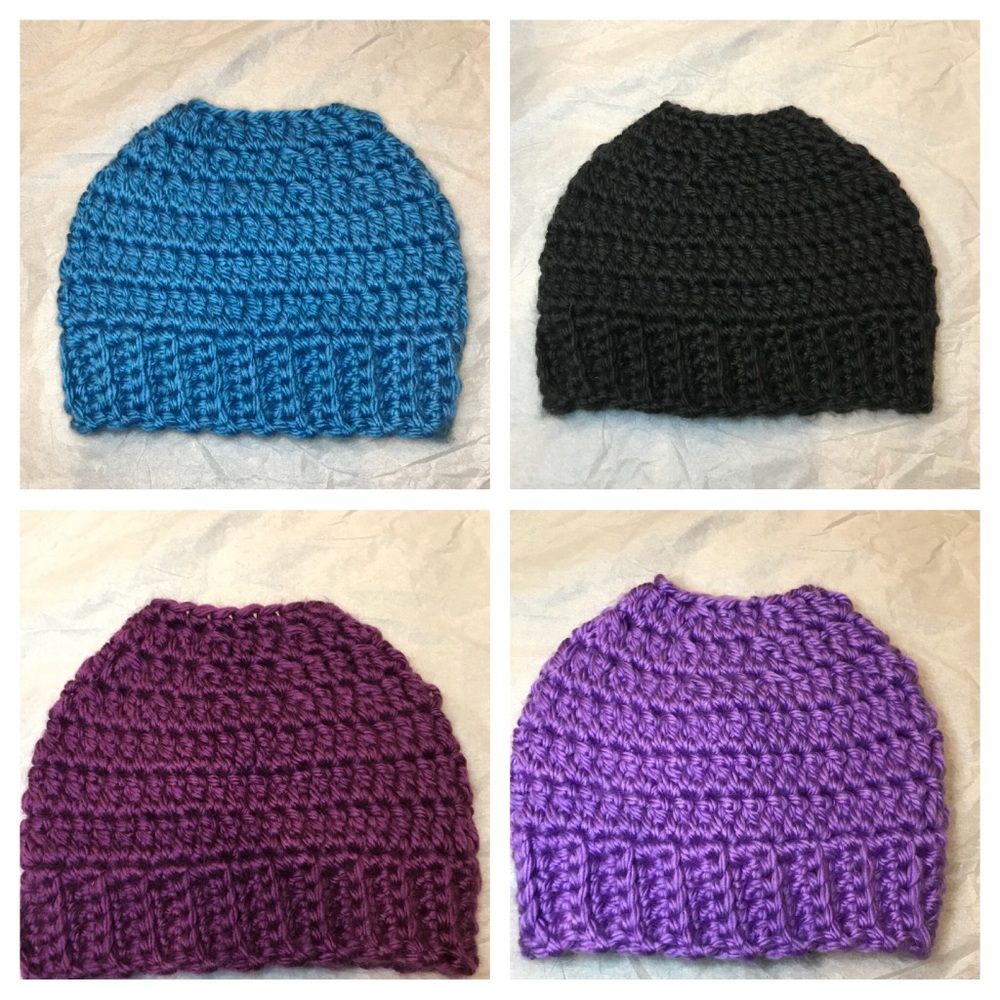 Hand made crochet messy bun hats
