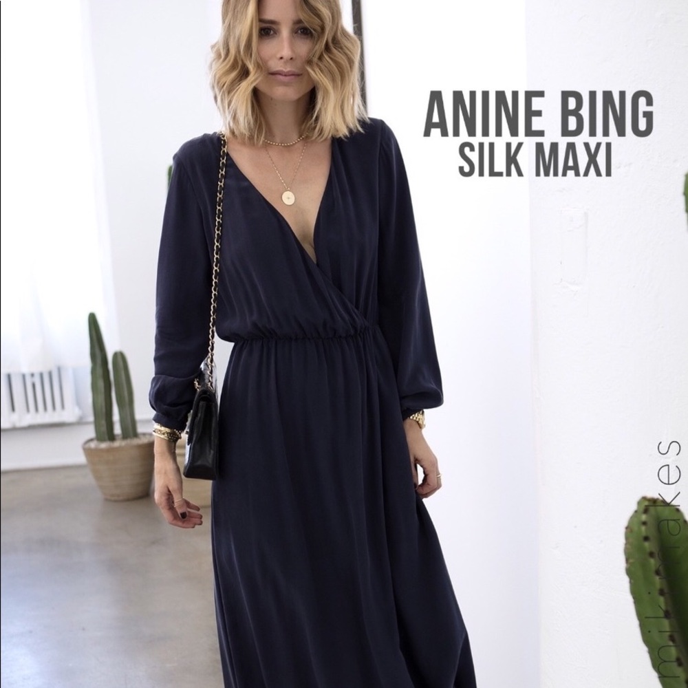 Anine Bing Silk Maxi Dress in Navy Blue