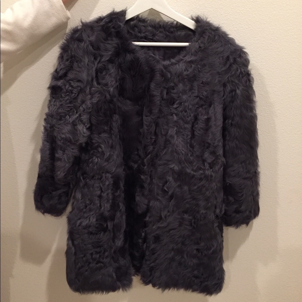 Grey real lamb fur coat
