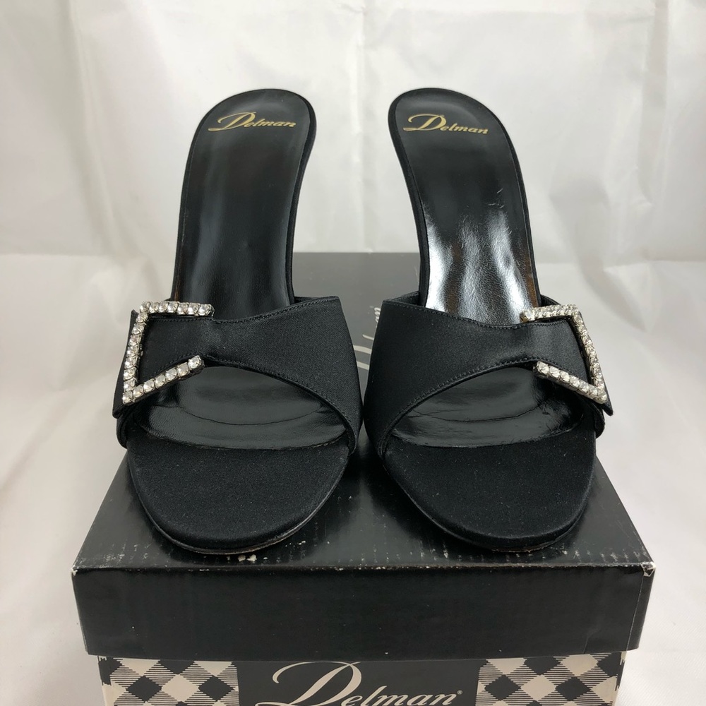 Delman Black Satin Evening Sandals With Crystals
